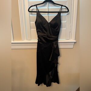 Honey and Rosie Black Satin V-Neck Ruffle Evening Dress